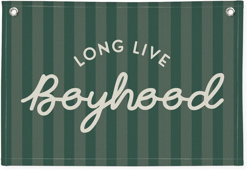 PLKMN Long Live Boyhood Banner, Boy Nursery Decor, Canvas Banner Wall Hanging Flag Decor for Nursery Playroom Toddler Room, Boys Kids Room - Deep Green - Image 1